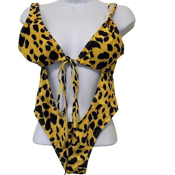 Womens Cut Out Wrap Around One-piece Swimsuit Yellow Black Leopard Size Medium - Picture 2 of 10
